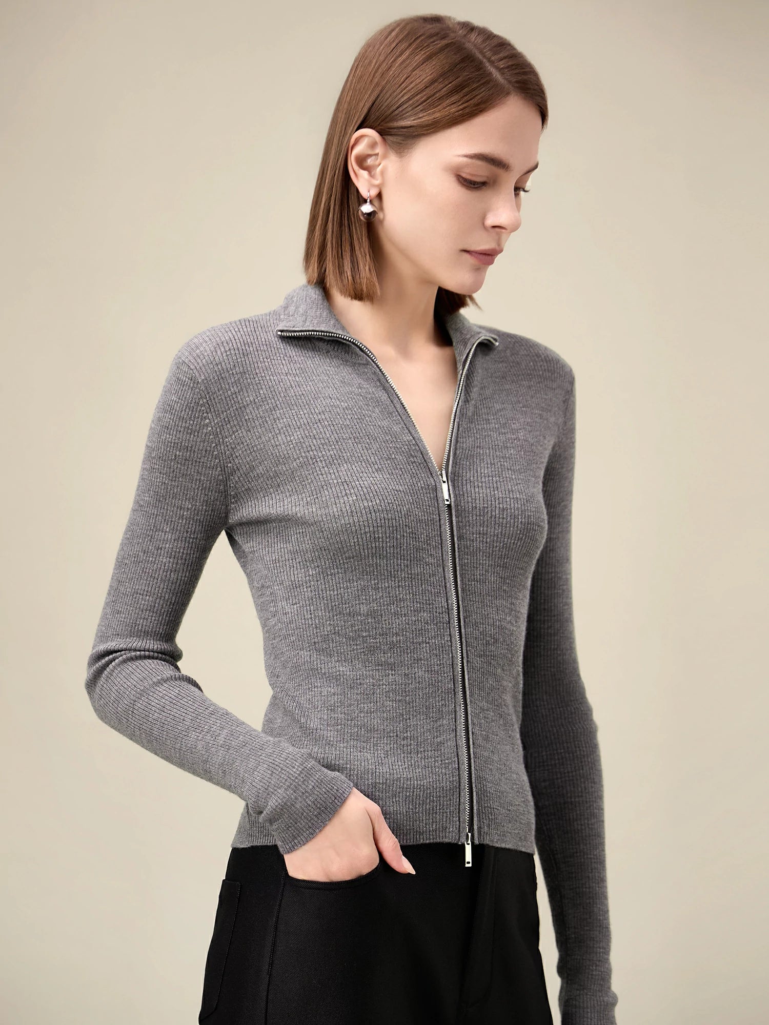 Yün Dik Yaka Çift Fermuarlı %100 Örgü Ceket