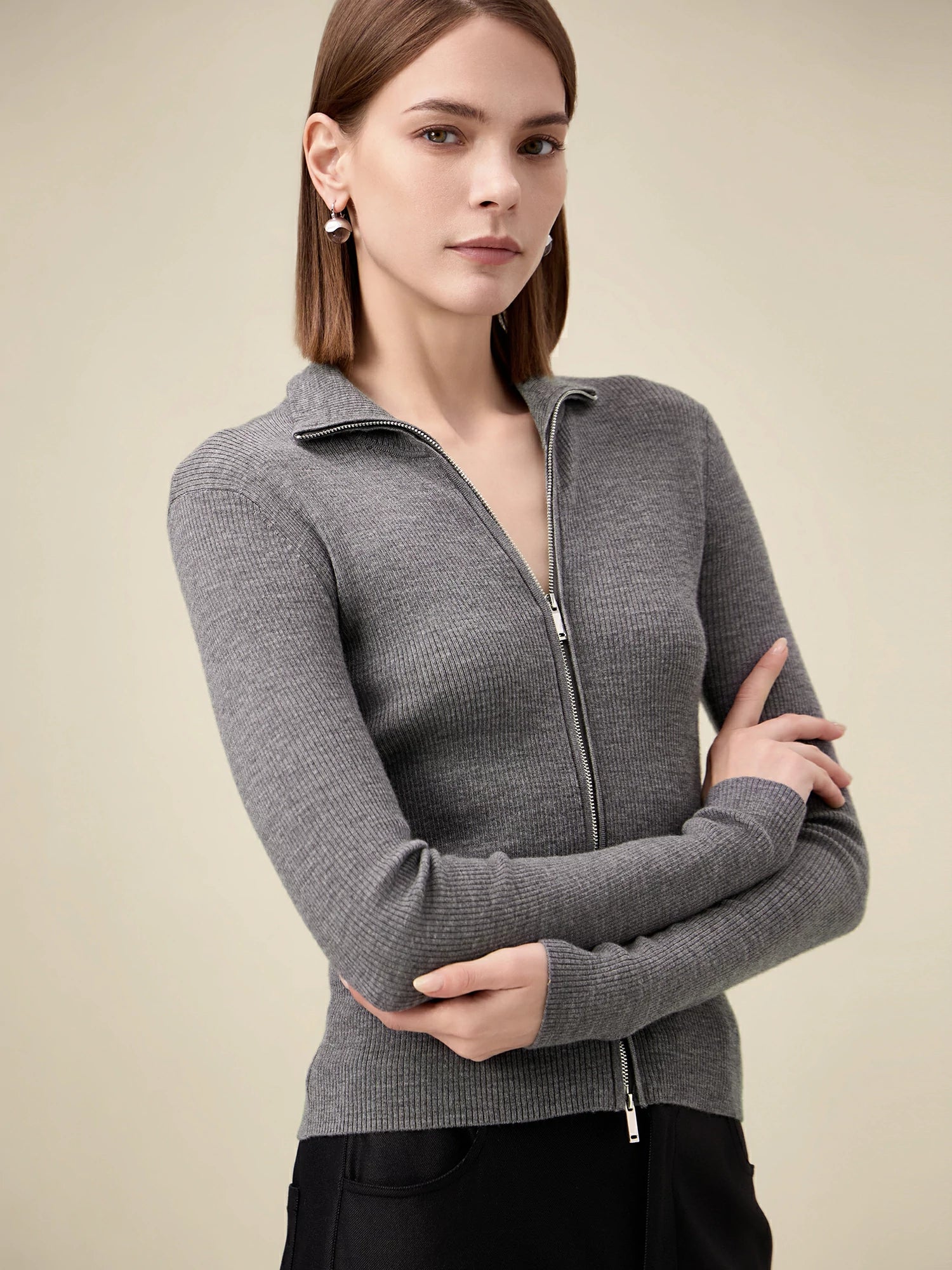 Yün Dik Yaka Çift Fermuarlı %100 Örgü Ceket