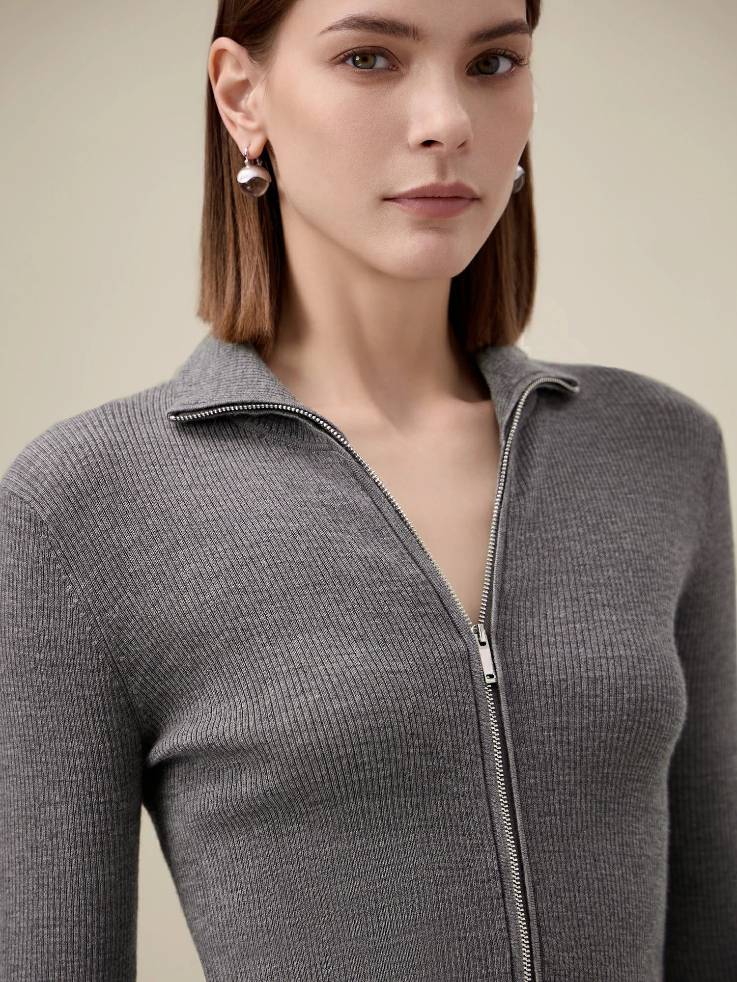 Yün Dik Yaka Çift Fermuarlı %100 Örgü Ceket