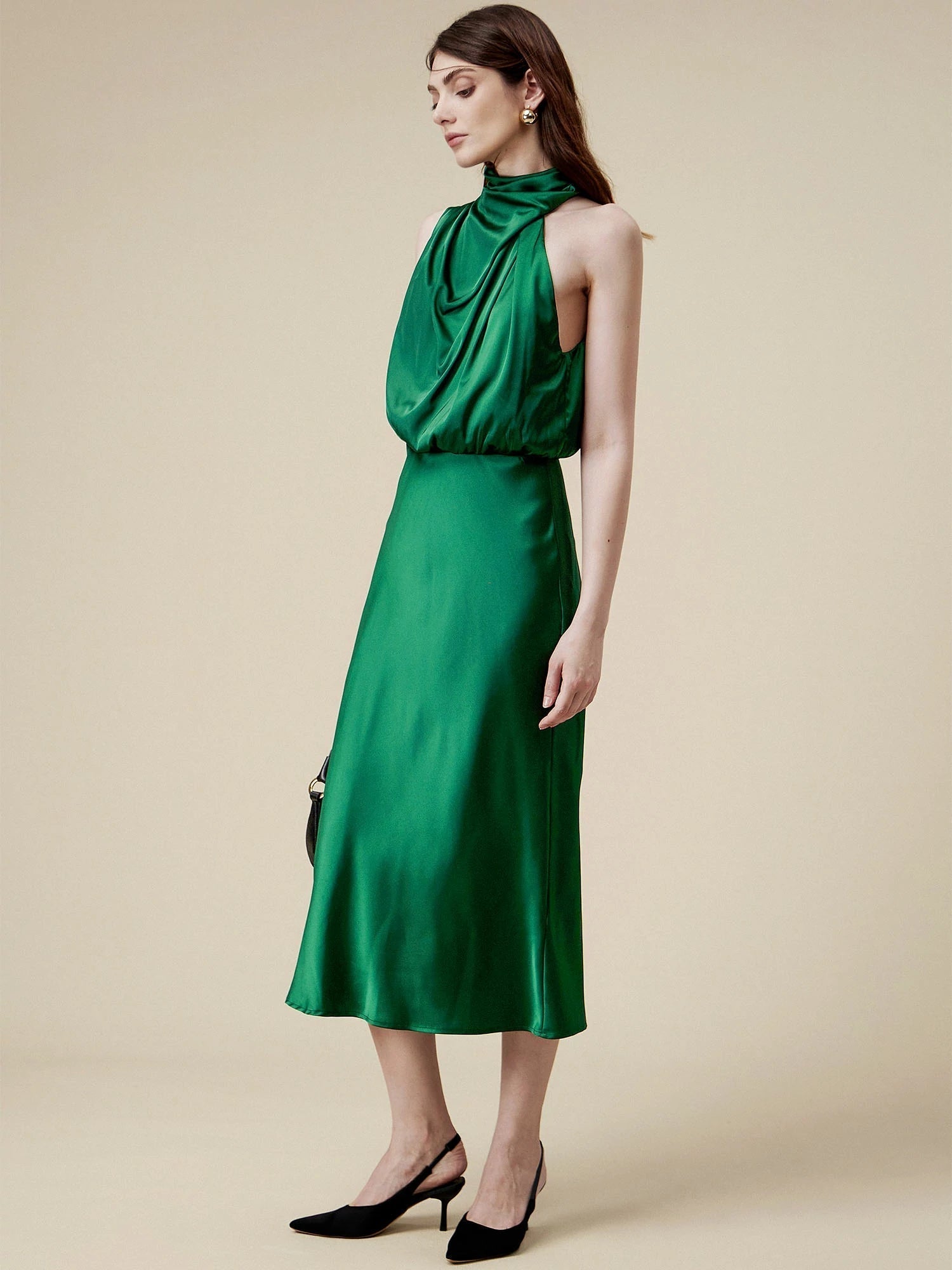 Asetat Düzensiz Yaka Saten Maxi Elbise