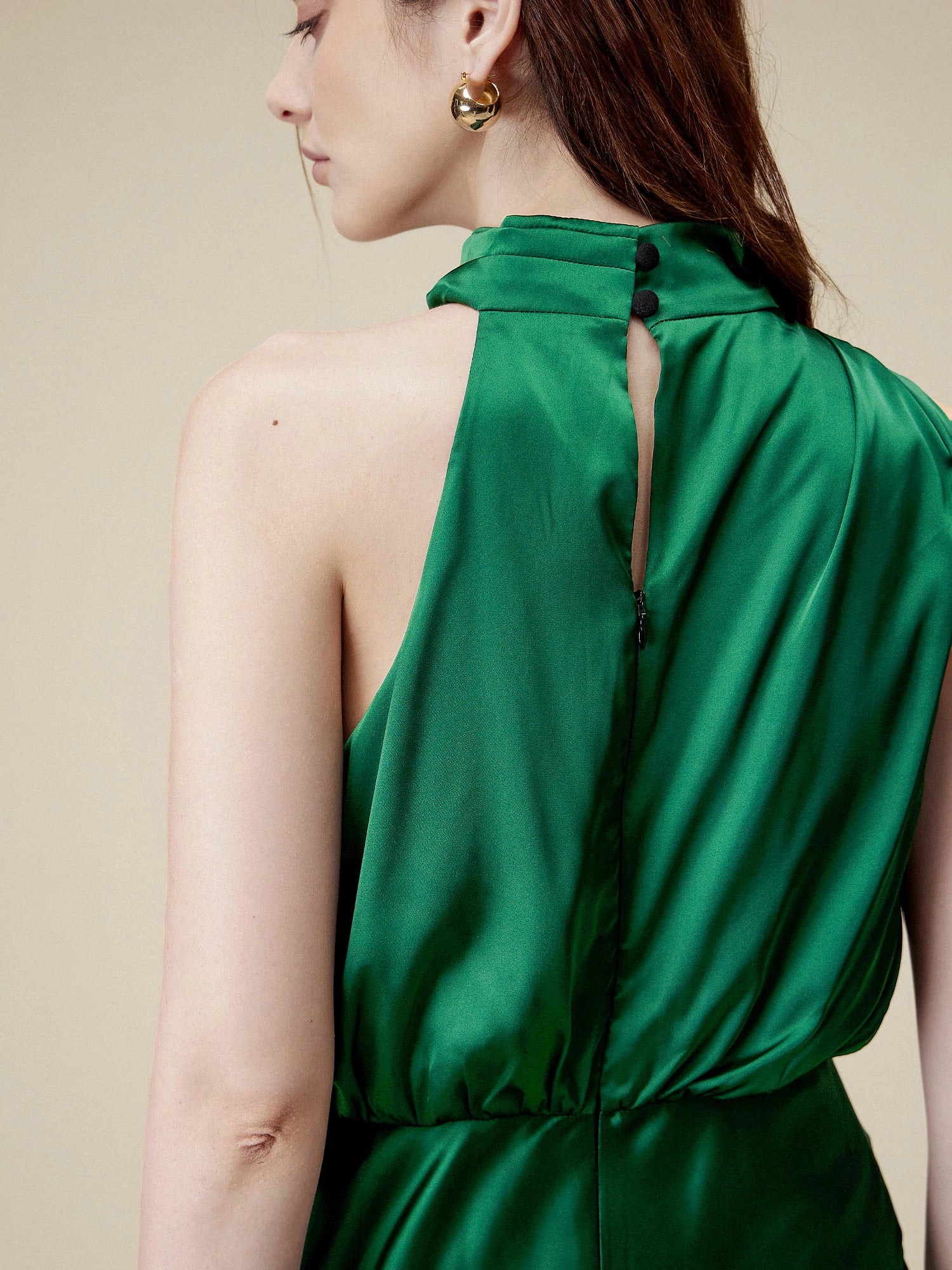 Asetat Düzensiz Yaka Saten Maxi Elbise