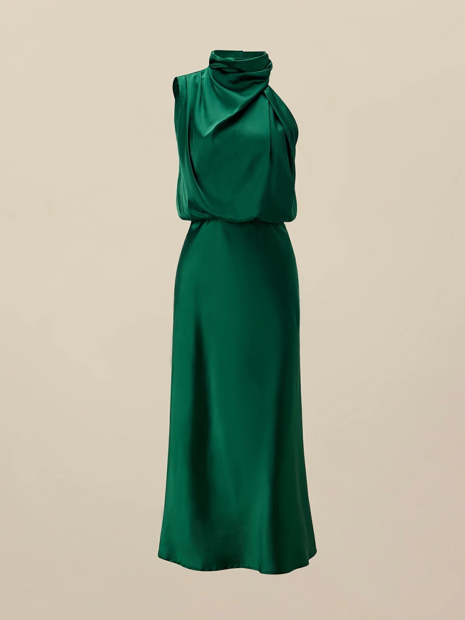 Asetat Düzensiz Yaka Saten Maxi Elbise