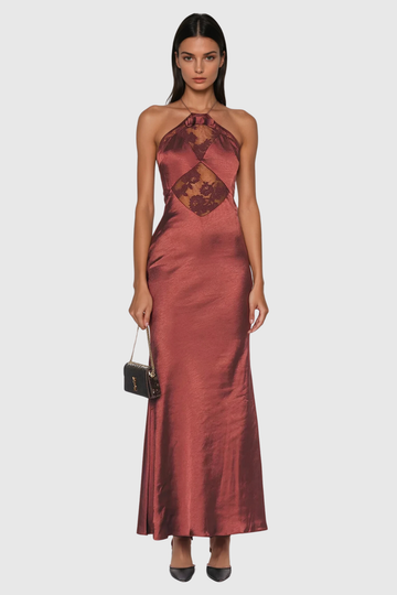 Anevay Dantel Halter Yaka Saten Maksi Elbise