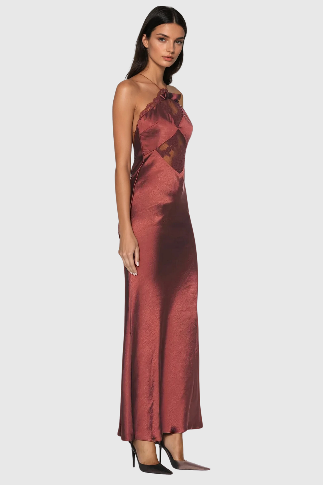 Anevay Dantel Halter Yaka Saten Maksi Elbise