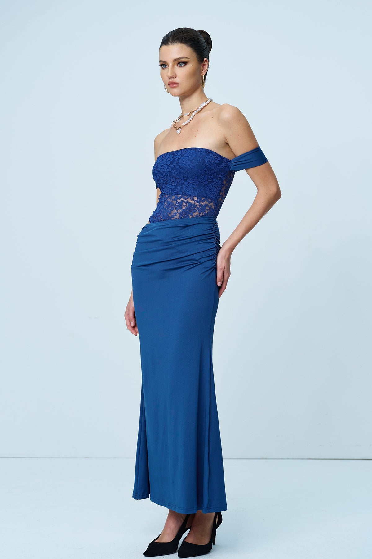 Aniol Straplez Dantel Ruch Maksi Elbise