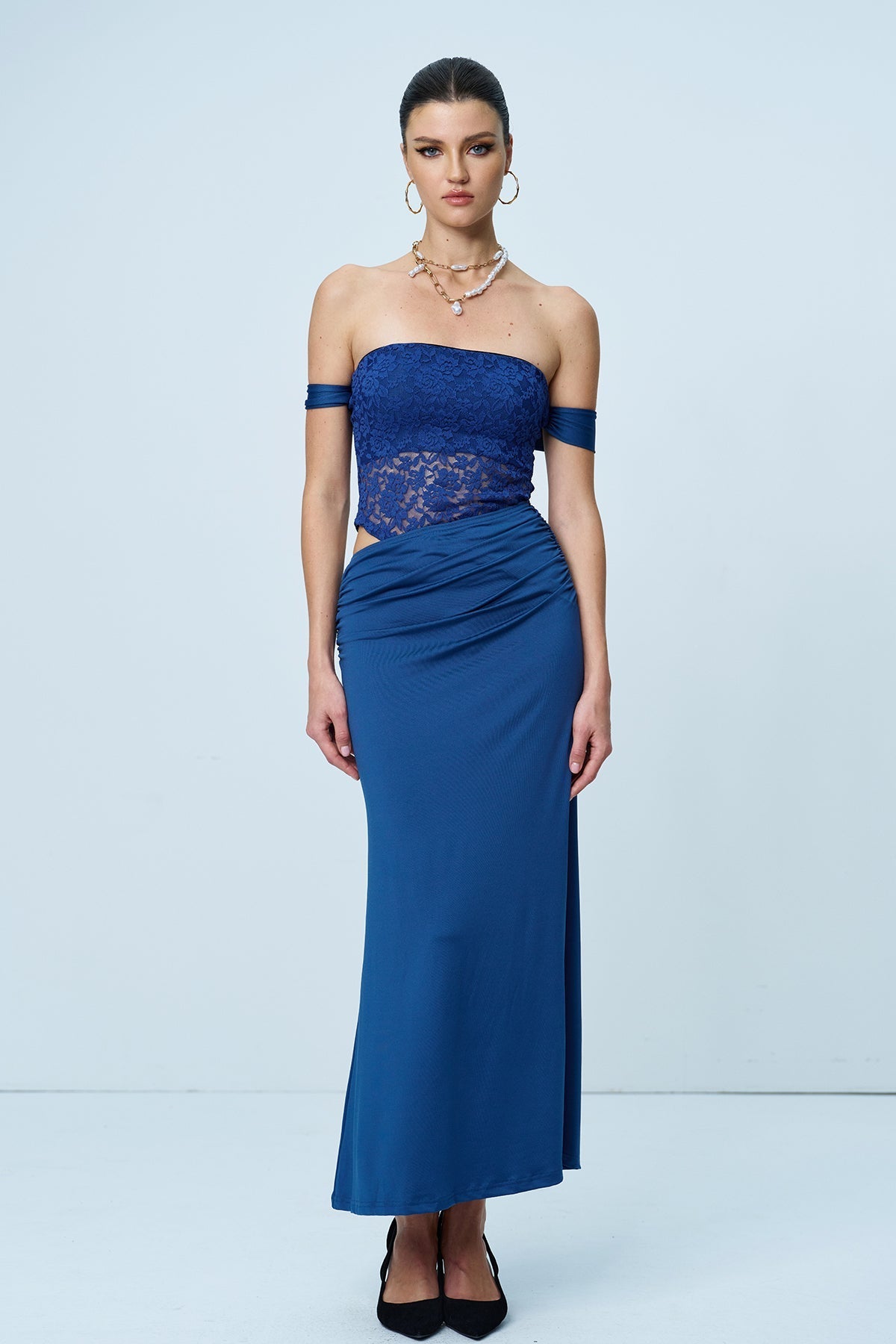 Aniol Straplez Dantel Ruch Maksi Elbise