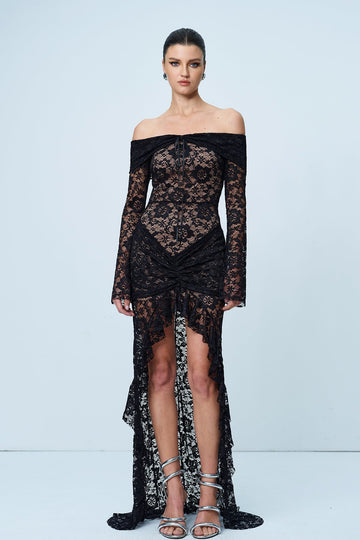 Anker Dantel Kapalı Omuz Bölmeli Maksi Elbise