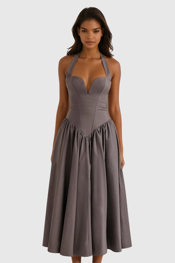 Annlea Halter Yaka Bodycon Fırfırlı Maksi Elbise Gri