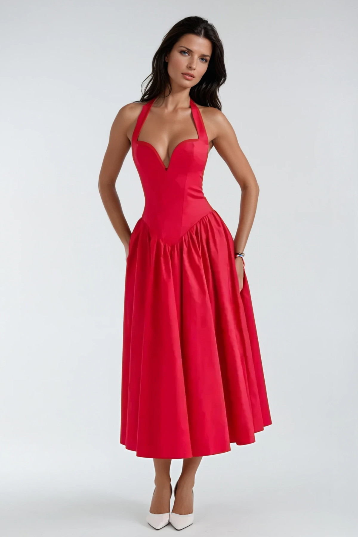 Annlea Halter Yaka Bodycon Fırfırlı Maksi Elbise Kırmızı