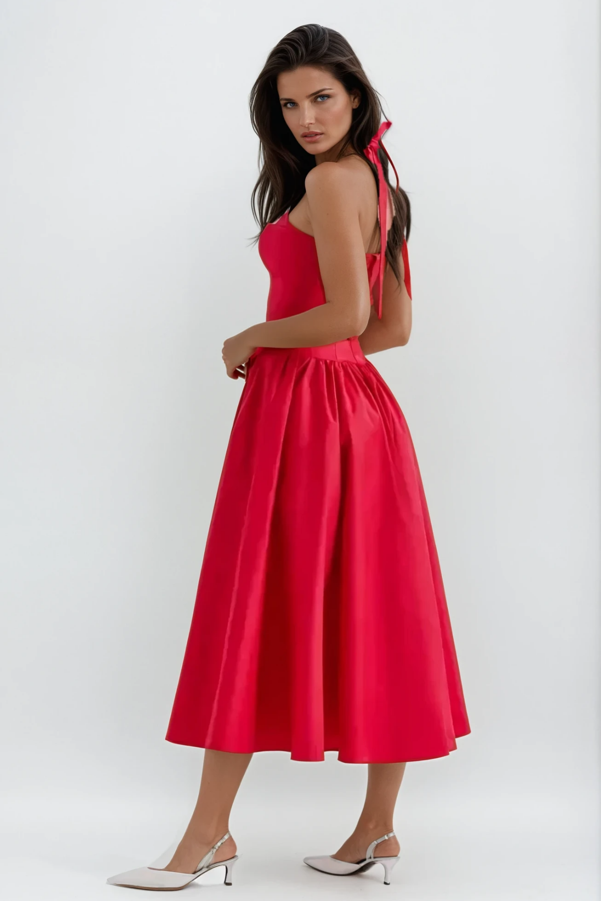 Annlea Halter Yaka Bodycon Fırfırlı Maksi Elbise Kırmızı