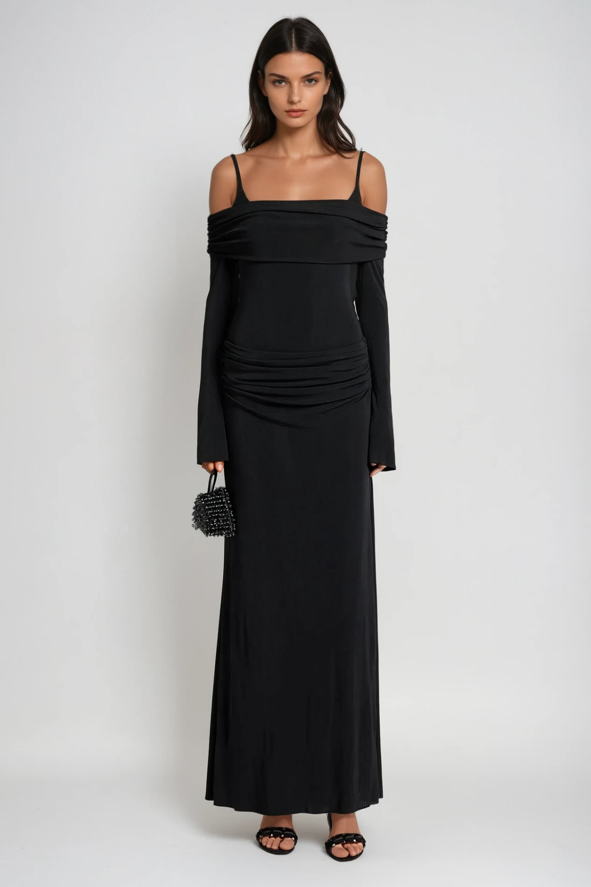 Annmarie Kapalı Omuz Ruch Maksi Elbise Siyah