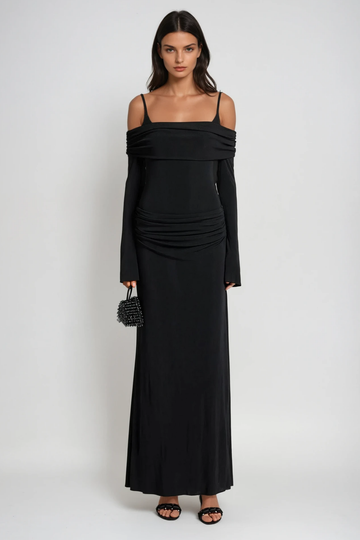 Annmarie Kapalı Omuz Ruch Maksi Elbise Siyah