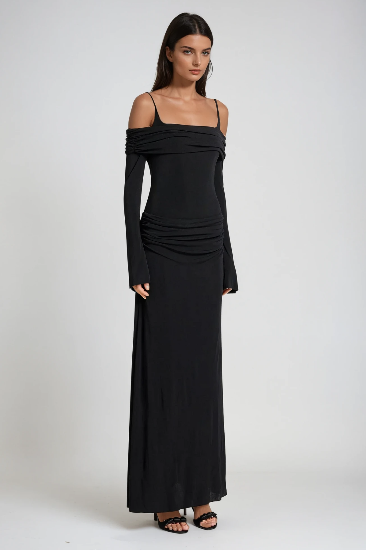 Annmarie Kapalı Omuz Ruch Maksi Elbise Siyah