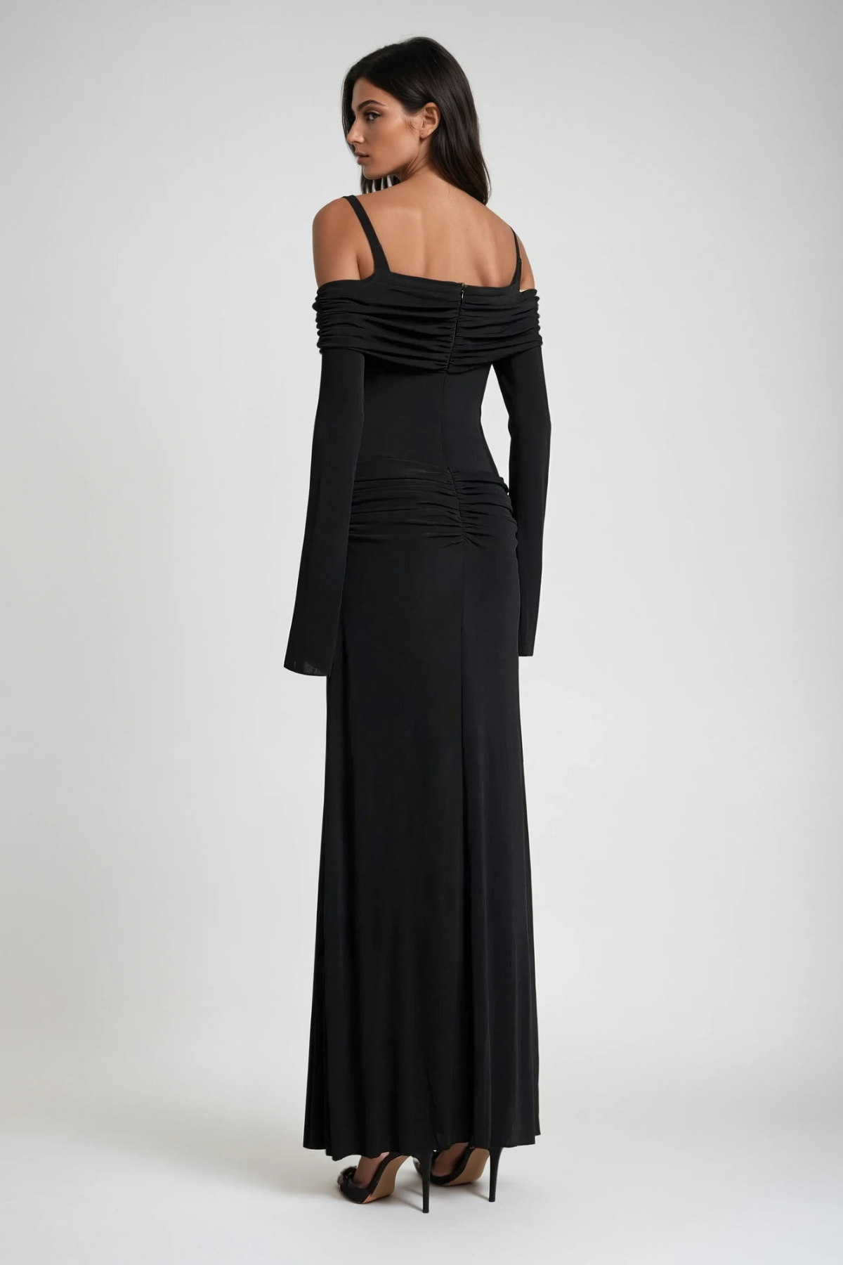 Annmarie Kapalı Omuz Ruch Maksi Elbise Siyah