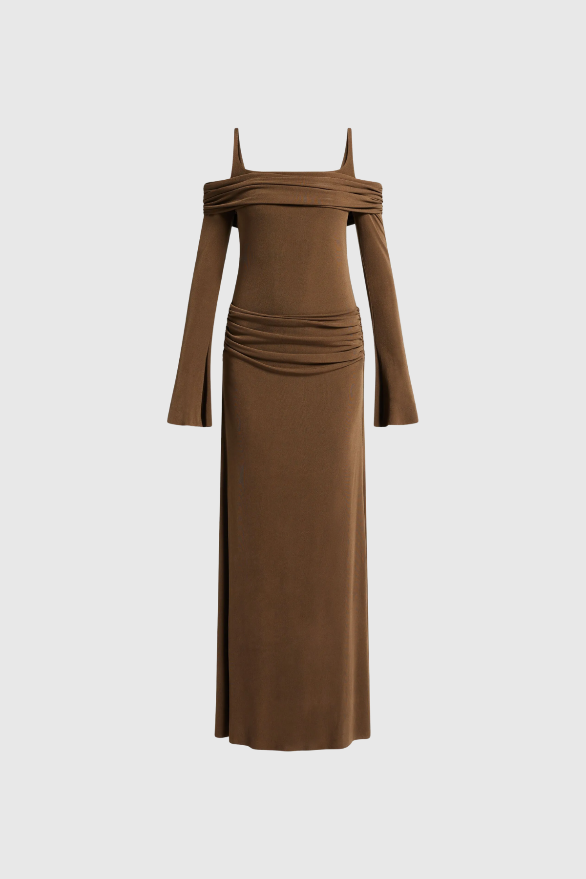 Annmarie Kapalı Omuz Ruch Maksi Elbise Kahverengi