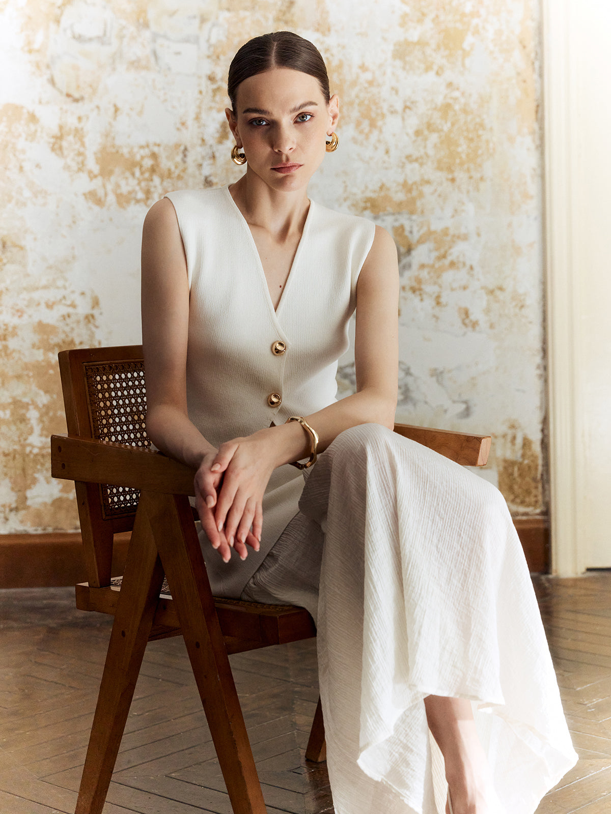 Düz Düğmeli Örgü Midi Etek Takım