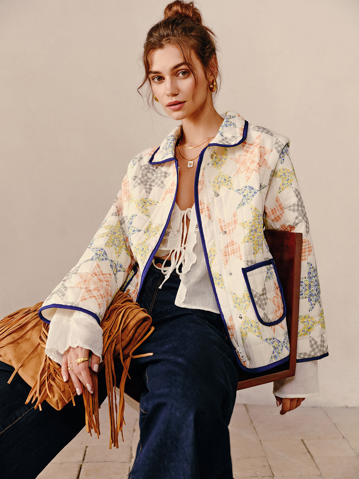 Kontrast Kenar Kapitone Ceket-Yelek