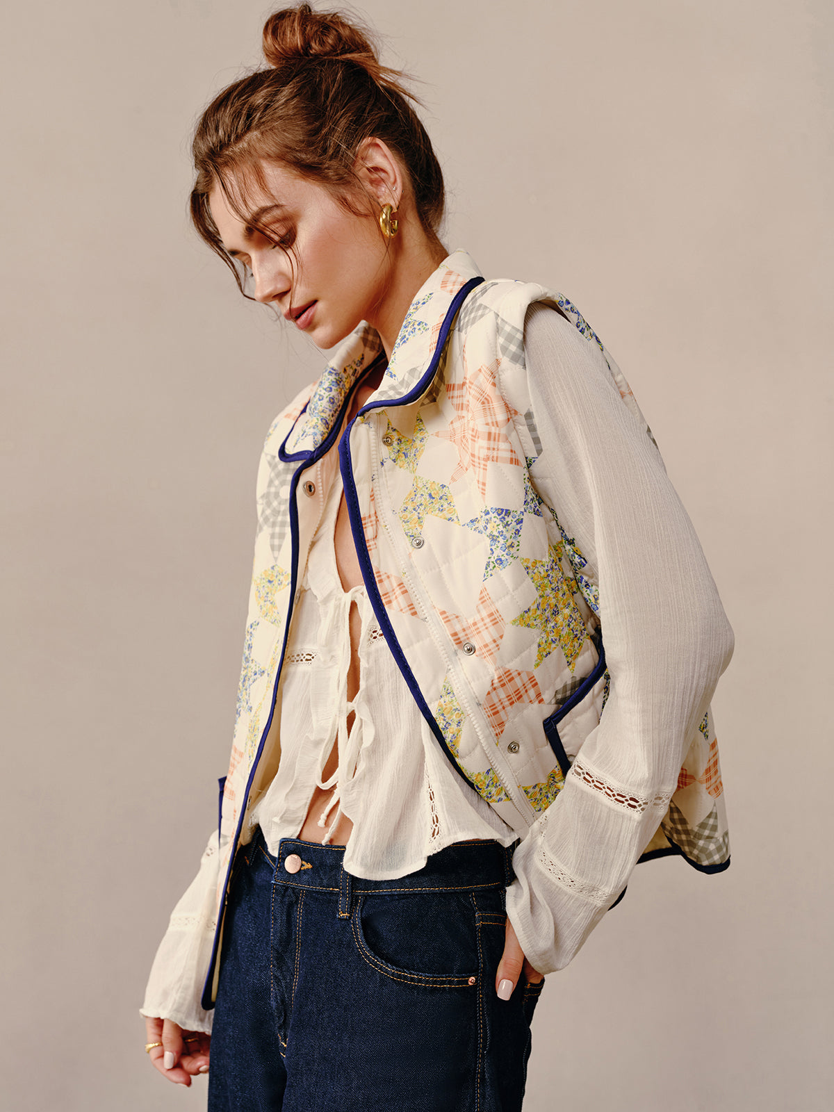 Kontrast Kenar Kapitone Ceket-Yelek