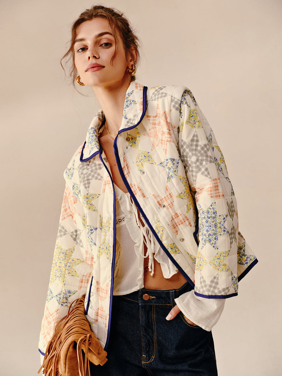 Kontrast Kenar Kapitone Ceket-Yelek