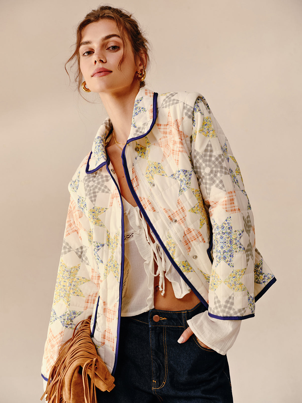 Kontrast Kenar Kapitone Ceket-Yelek