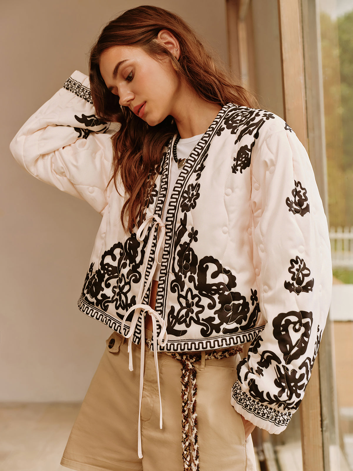 Boheme Baskılı Bağcıklı Kapitone Ceket