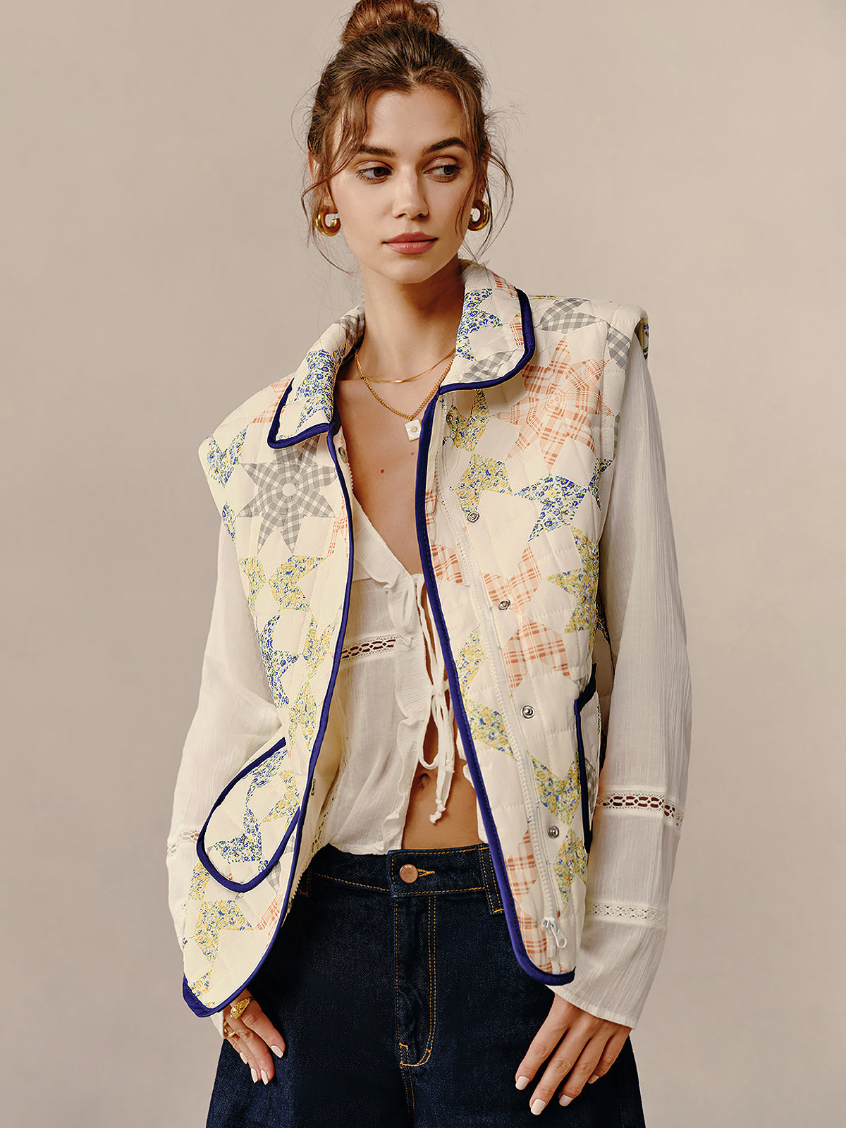 Kontrast Kenar Kapitone Ceket-Yelek