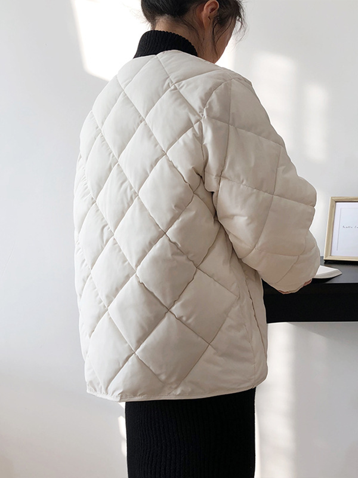 Dikdörtgen Desenli Düğmeli Kapitone Ceket