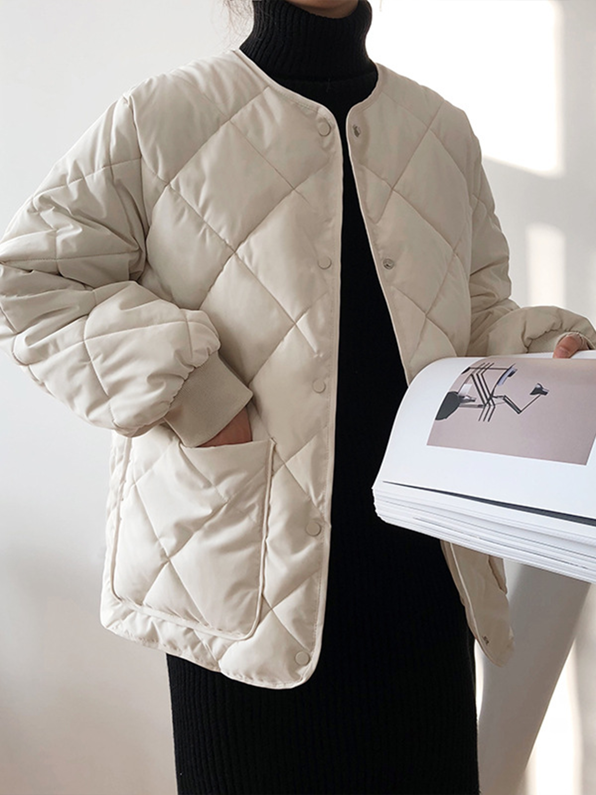 Dikdörtgen Desenli Düğmeli Kapitone Ceket