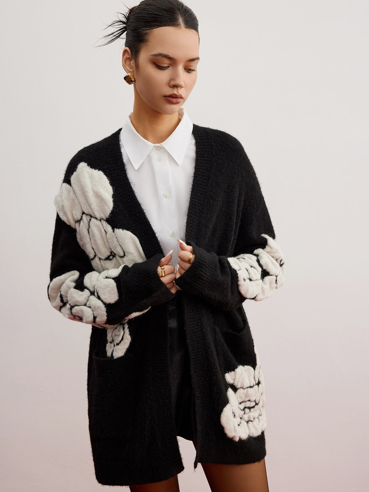 Phaedra Yün Karışımlı Örgü-Çiçekli Hırka