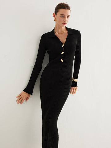 Düğmeli Çan Kollu Örgü Maxi Elbise