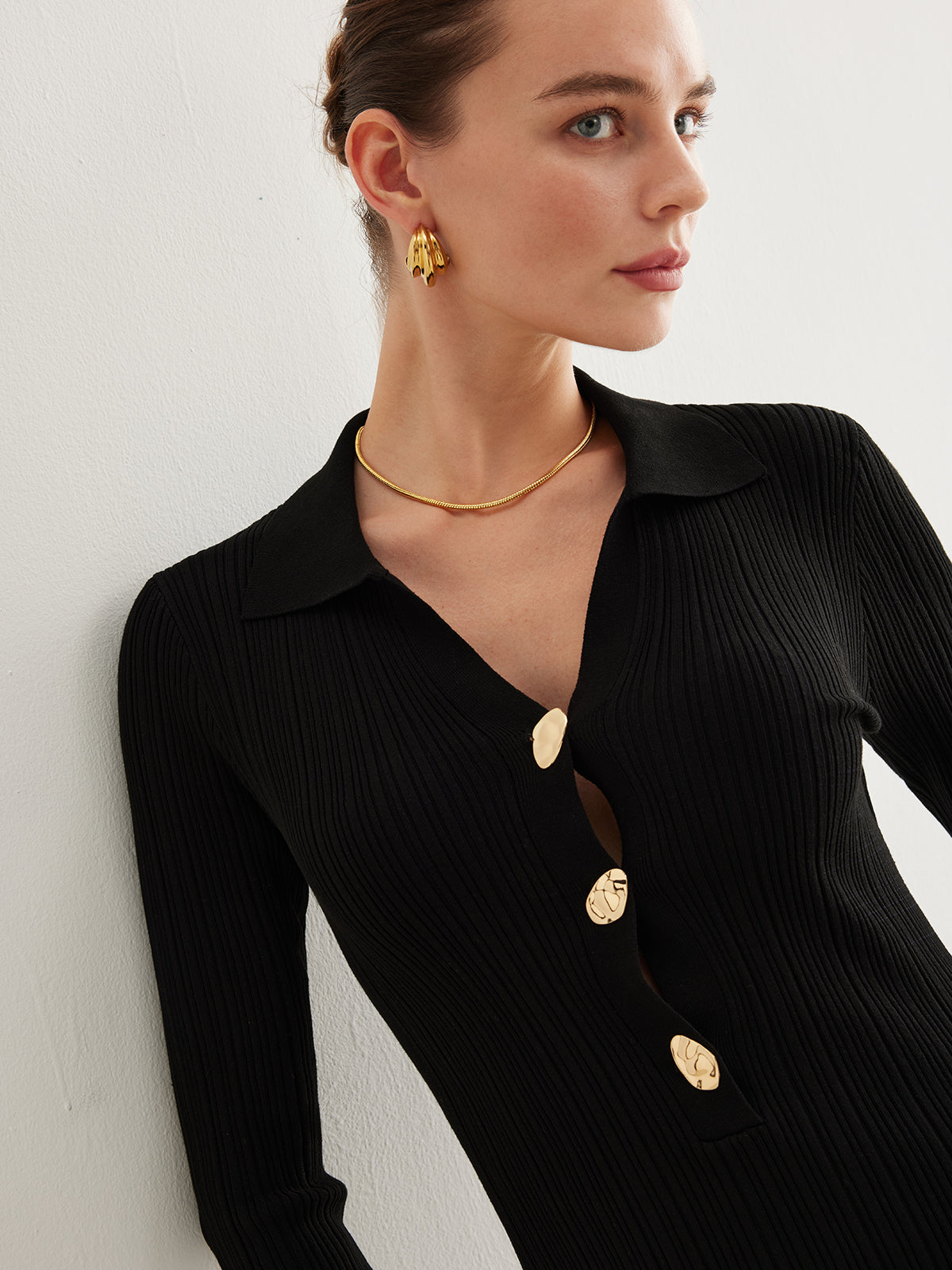 Düğmeli Çan Kollu Örgü Maxi Elbise