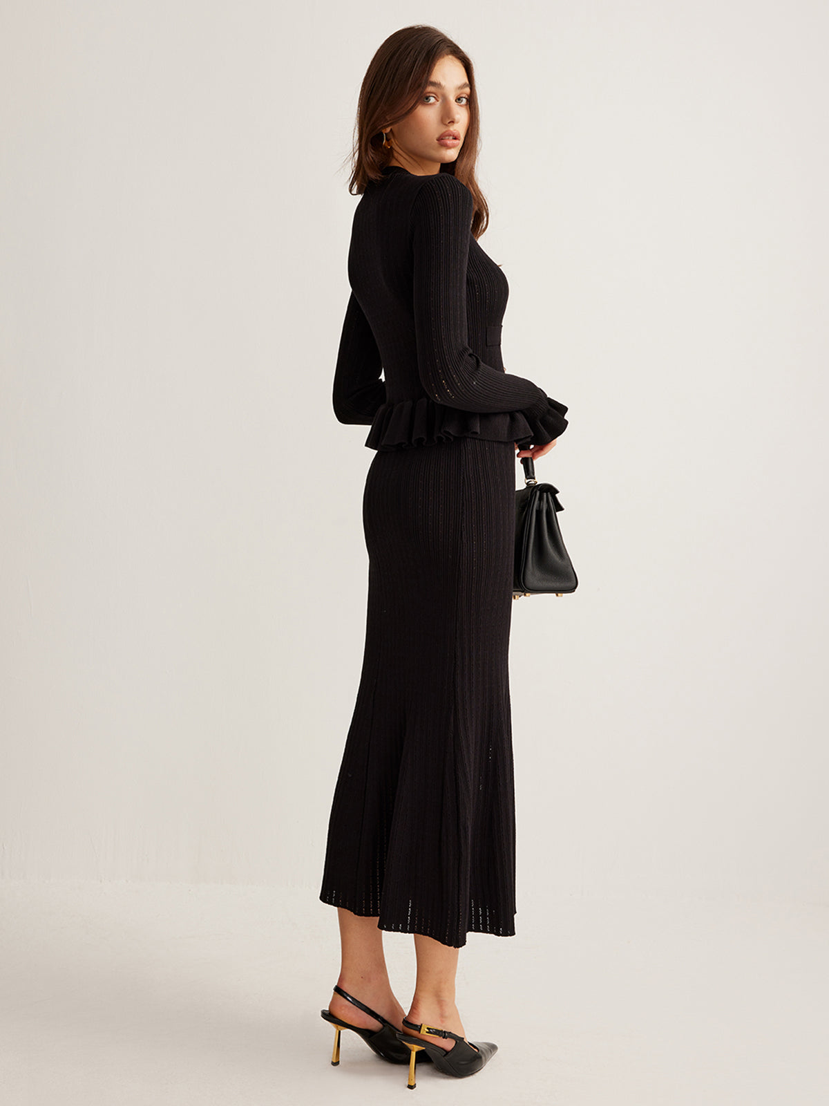 Ruffle Slim Örme Maxi Elbise