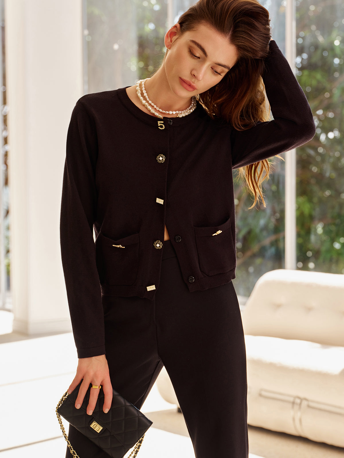 Annelise Yün Karışımlı Geometrik Düğmeli Hırka