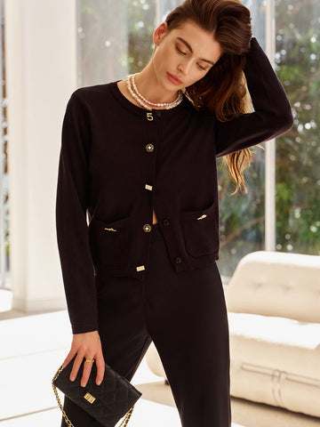 Annelise Yün Karışımlı Geometrik Düğmeli Hırka