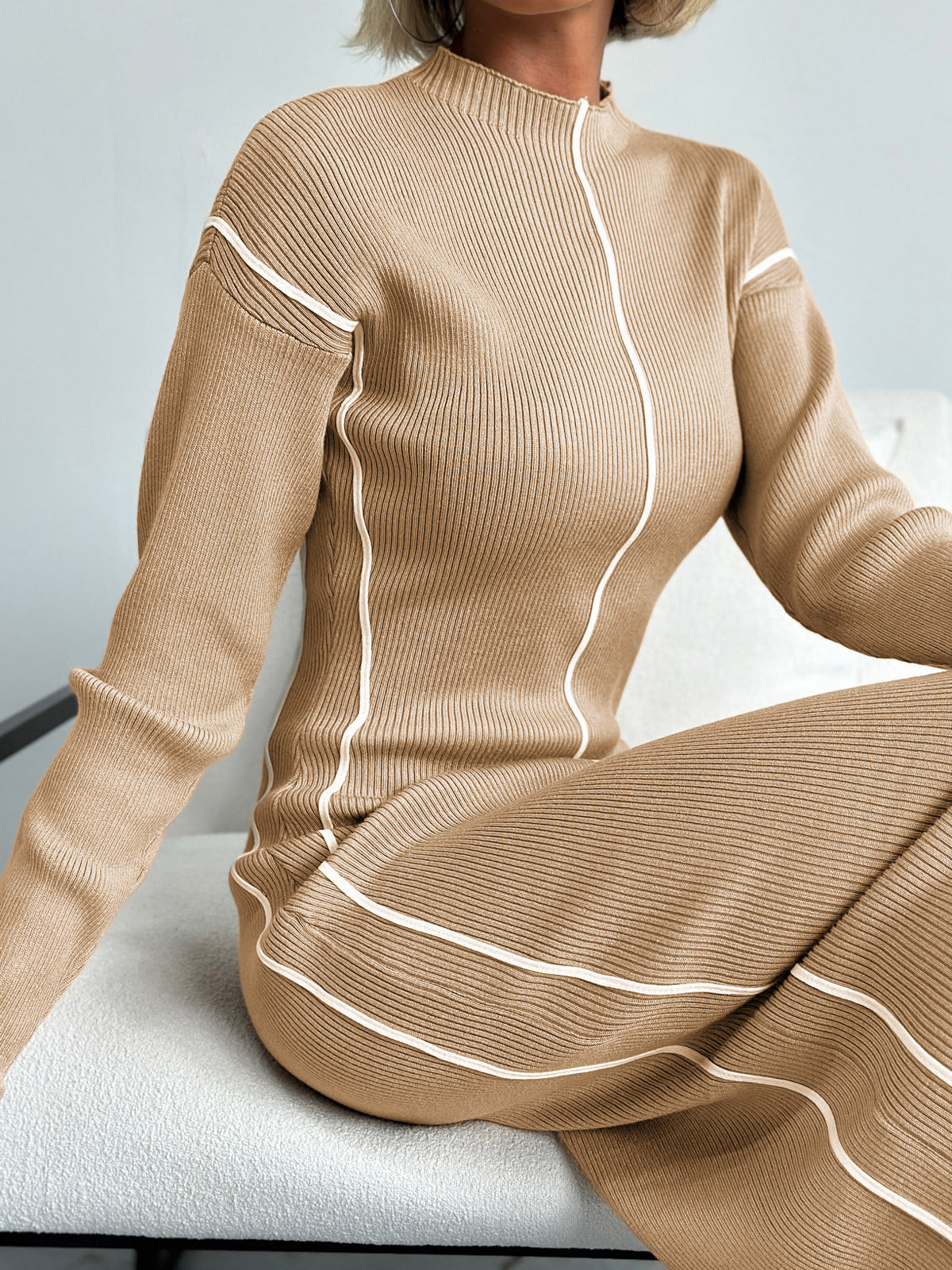 Kaburga Kontrast Örme Midi Elbise