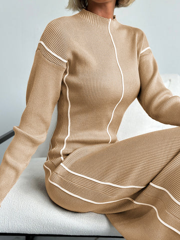 Kaburga Kontrast Örme Midi Elbise