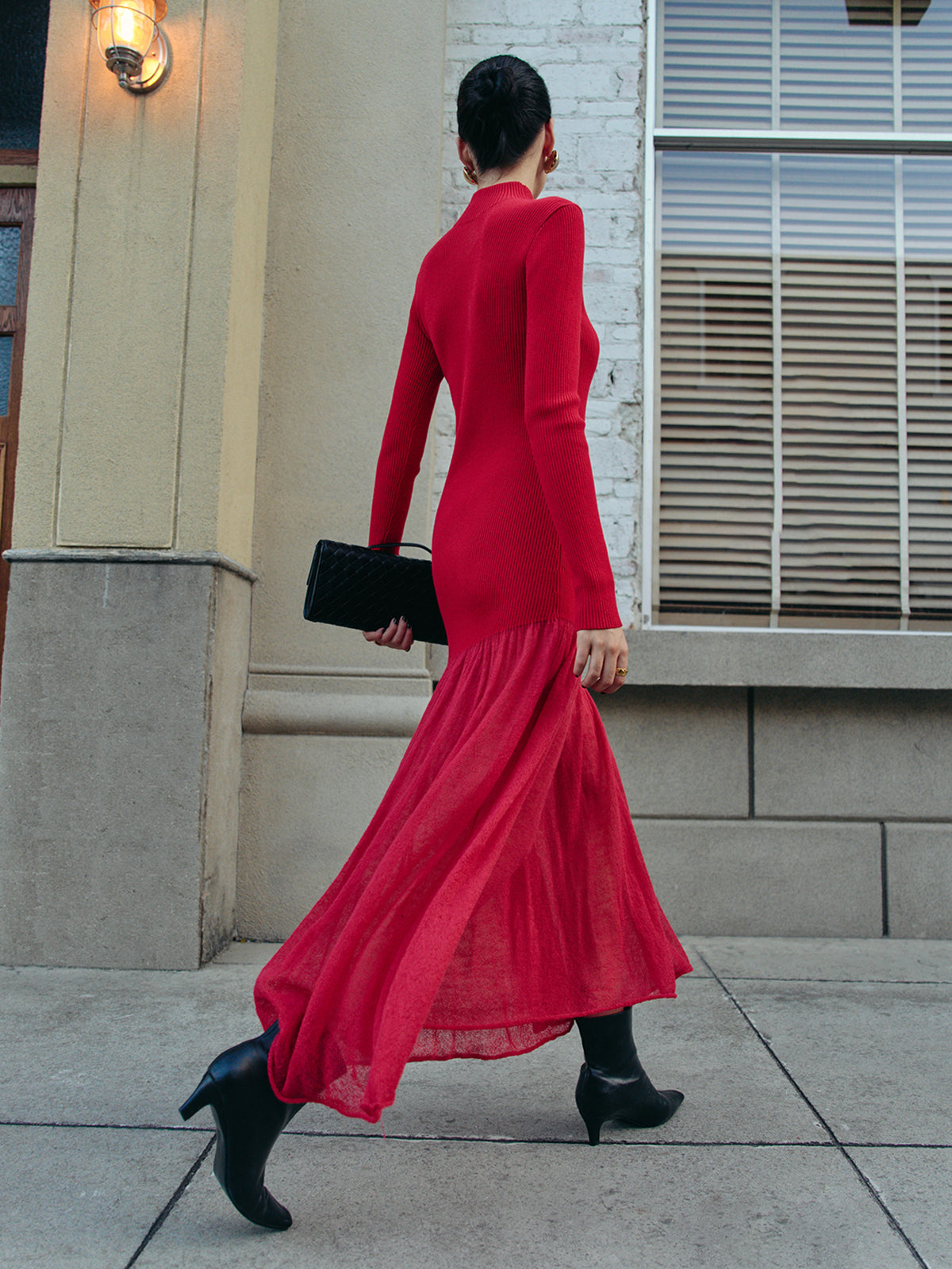 Balıkçı Yaka Pliseli Örgü Maxi Elbise