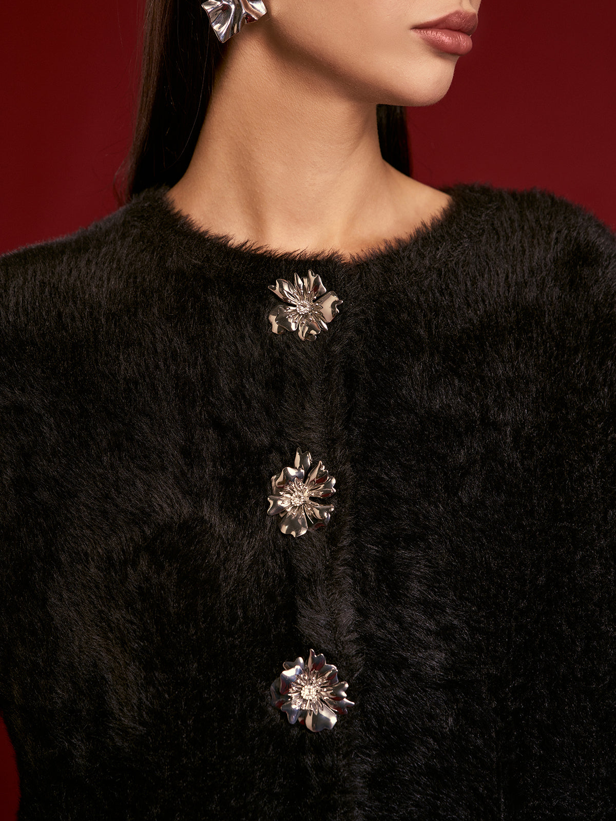 Annelise Çiçekli Düğmeli Tüylü Hırka