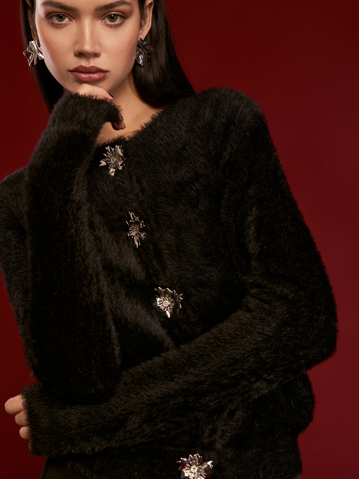 Annelise Çiçekli Düğmeli Tüylü Hırka