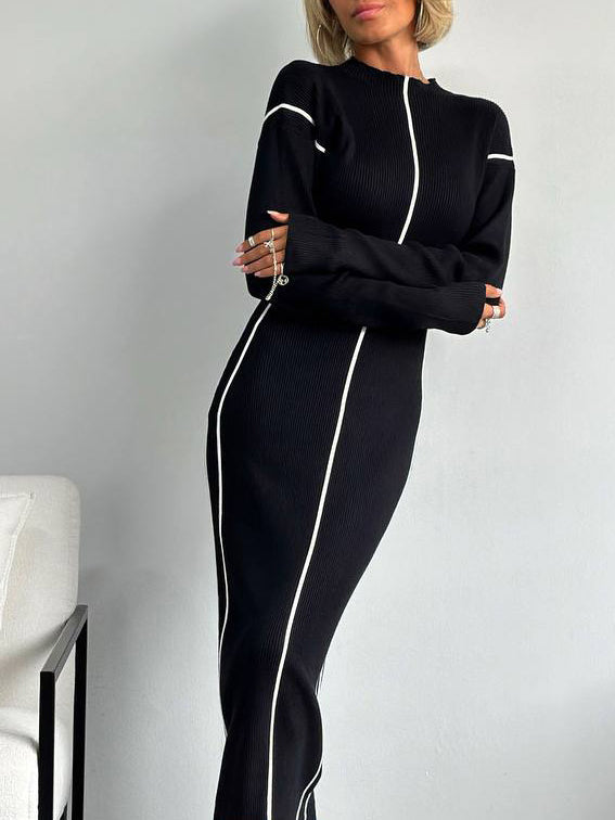 Kaburga Kontrast Örme Midi Elbise