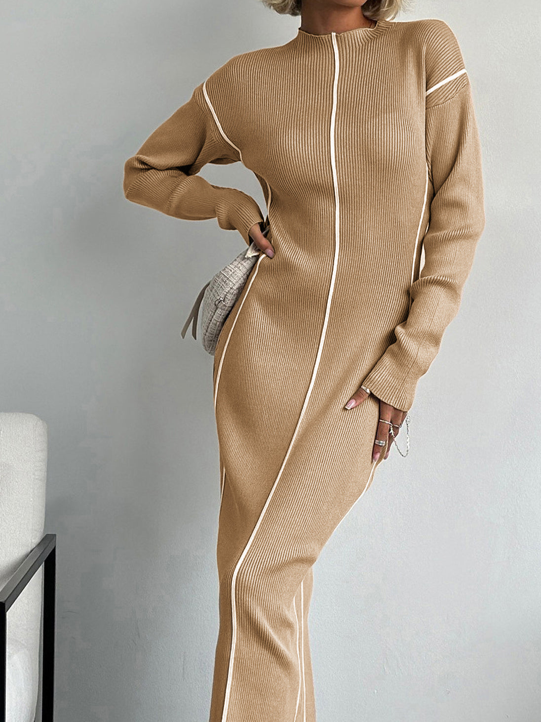 Kaburga Kontrast Örme Midi Elbise