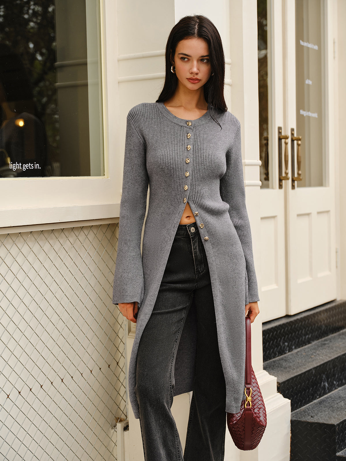 Çok Yönlü Metal Göğüslü Örgü Uzun Ceket