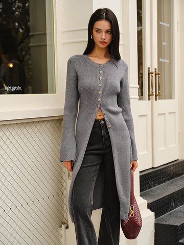 Çok Yönlü Metal Göğüslü Örgü Uzun Ceket