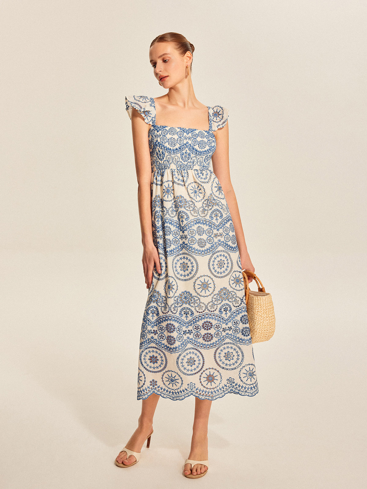 Boho Çiçekli Sırt Kesimli Maxi Elbise