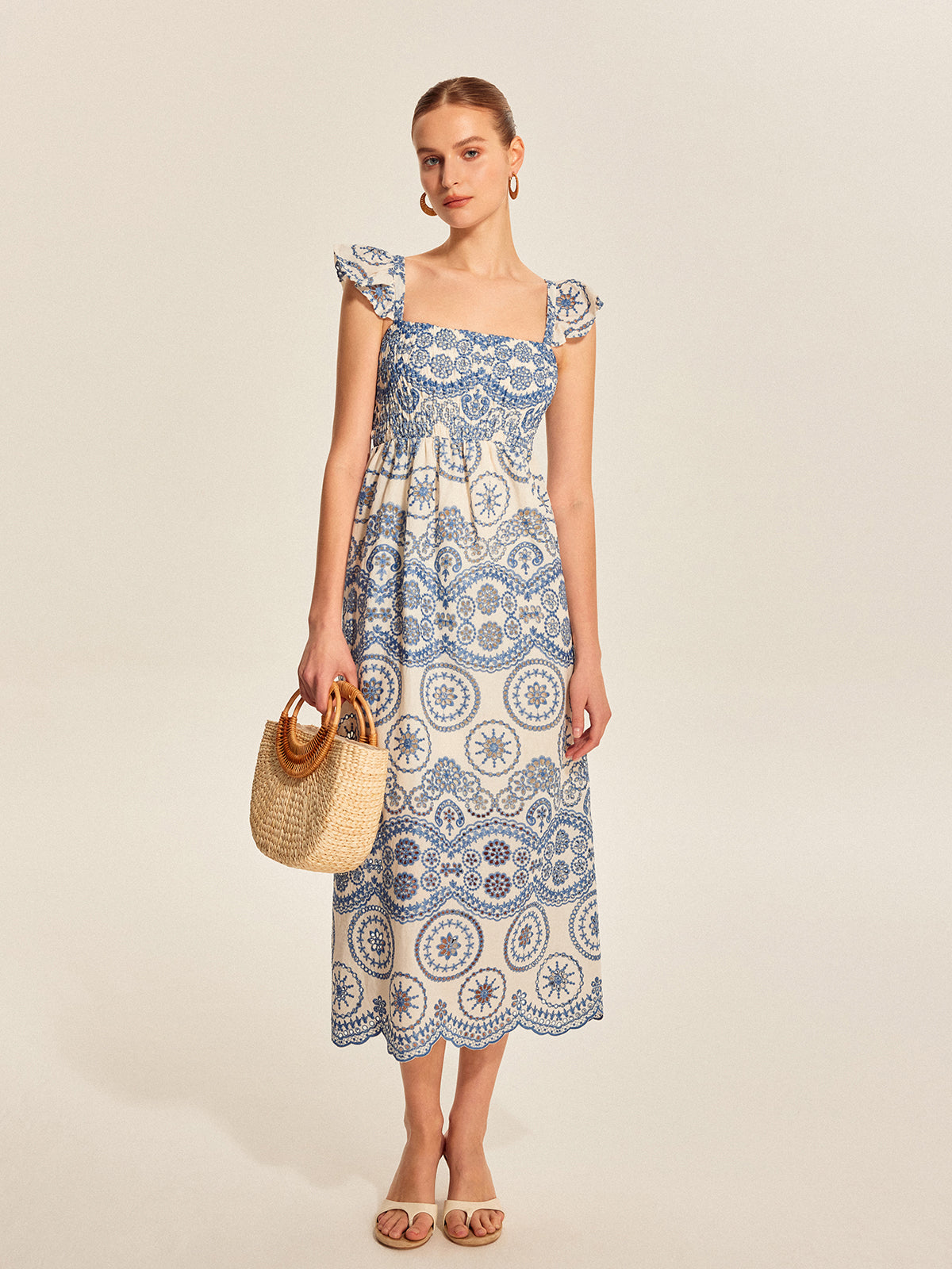 Boho Çiçekli Sırt Kesimli Maxi Elbise