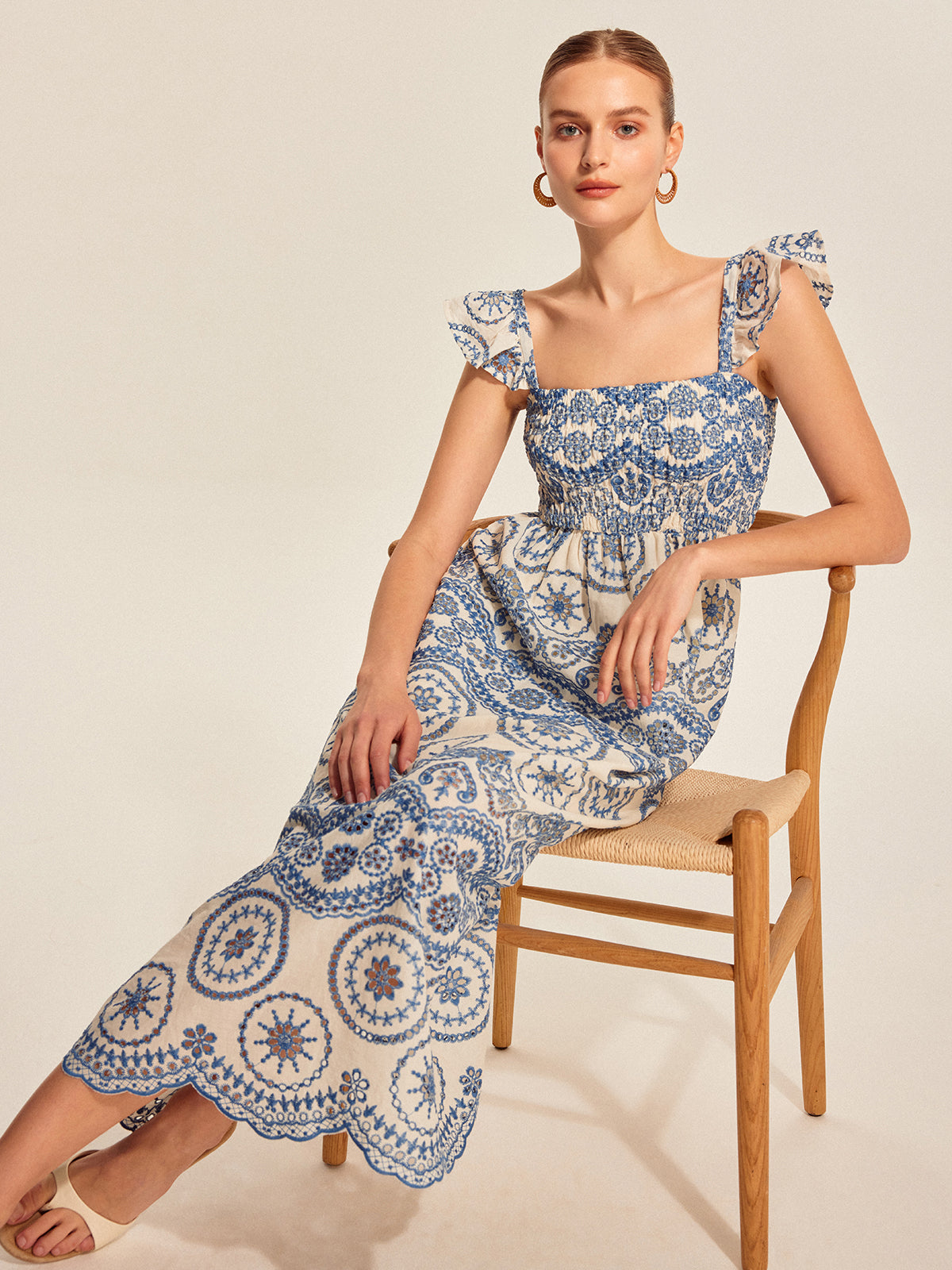 Boho Çiçekli Sırt Kesimli Maxi Elbise