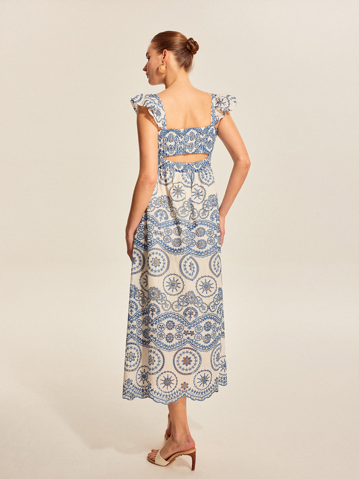 Boho Çiçekli Sırt Kesimli Maxi Elbise