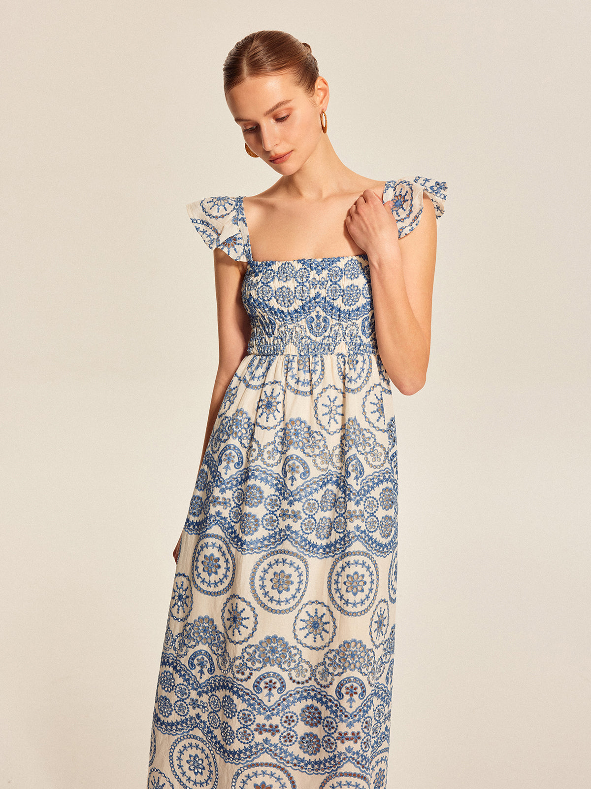 Boho Çiçekli Sırt Kesimli Maxi Elbise