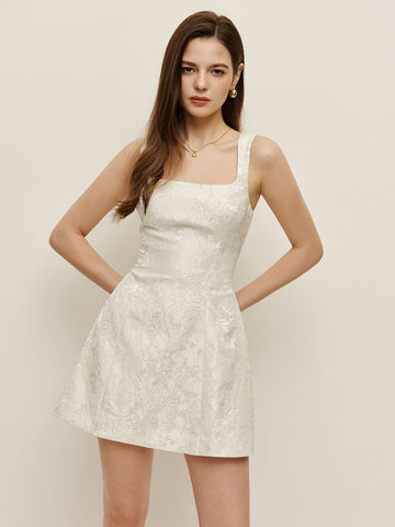 Çiçekli Jakarlı Kare Yaka Mini Elbise