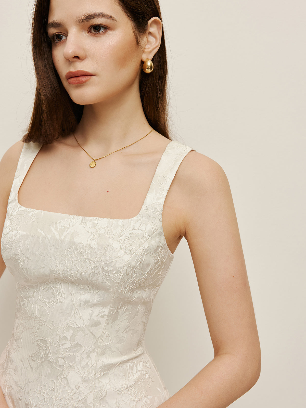 Çiçekli Jakarlı Kare Yaka Mini Elbise